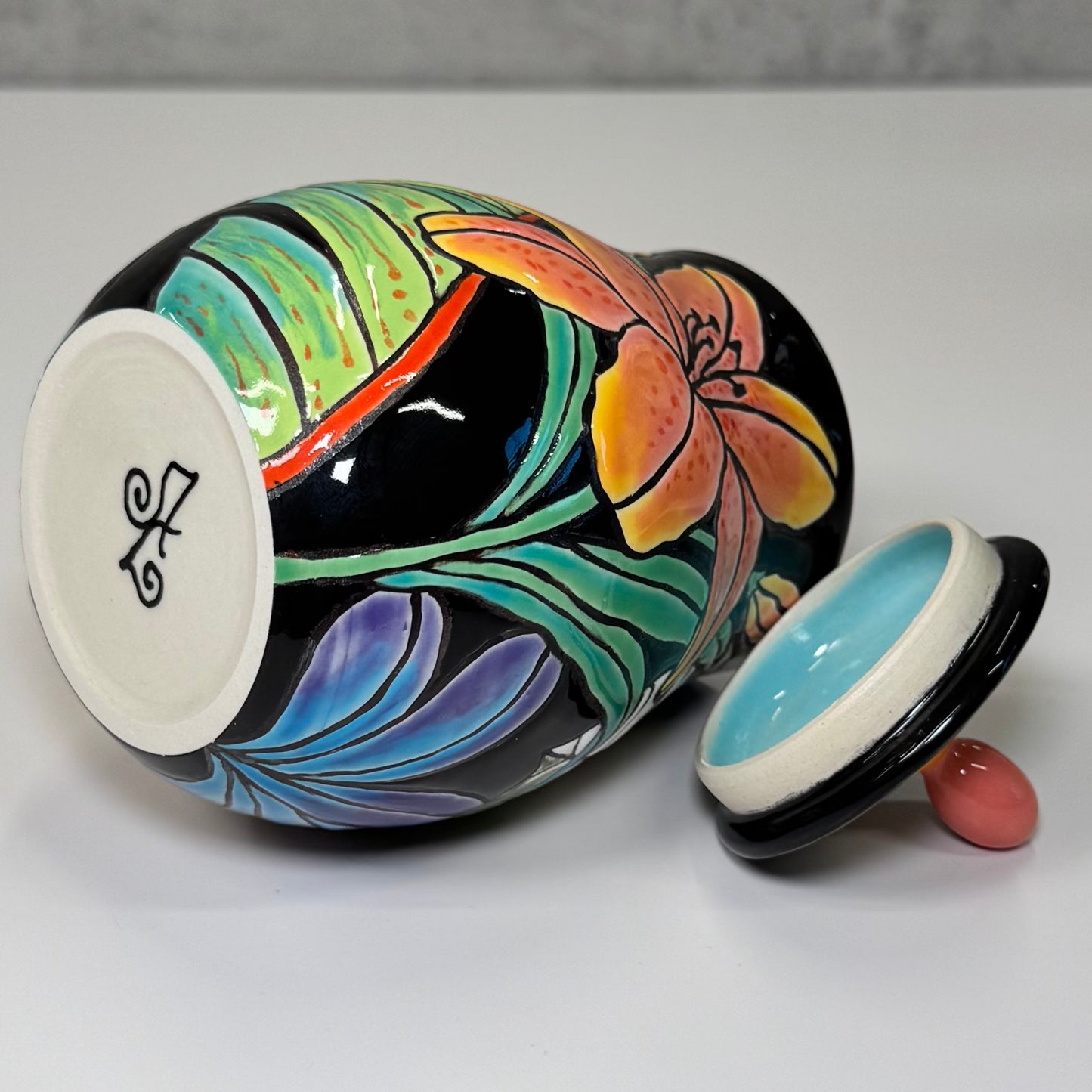 Cuerda Seca Tropical Floral Jar - Stoneware