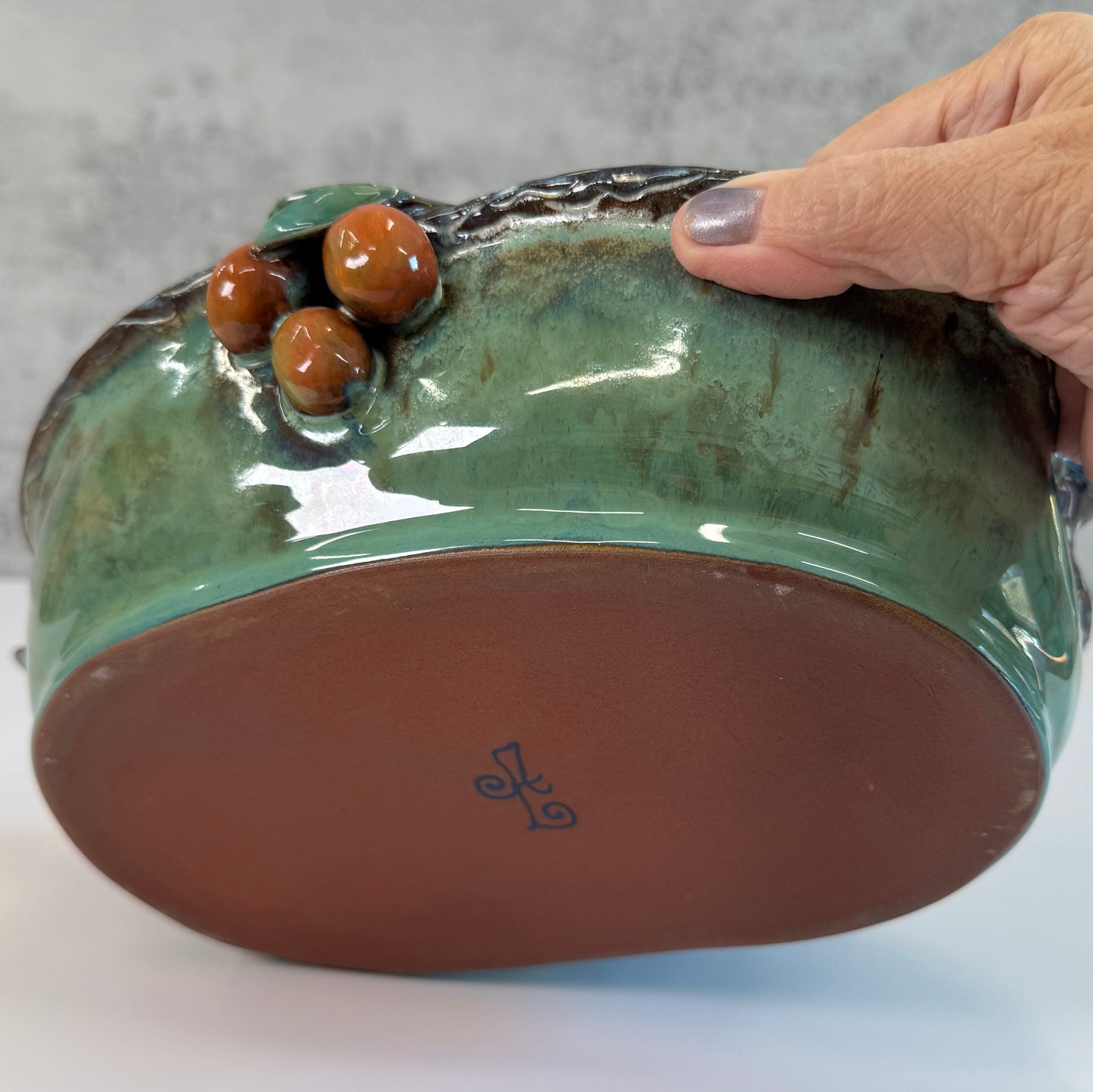 04 Sculpted Birds and Fruits Serving Dish - Red clay