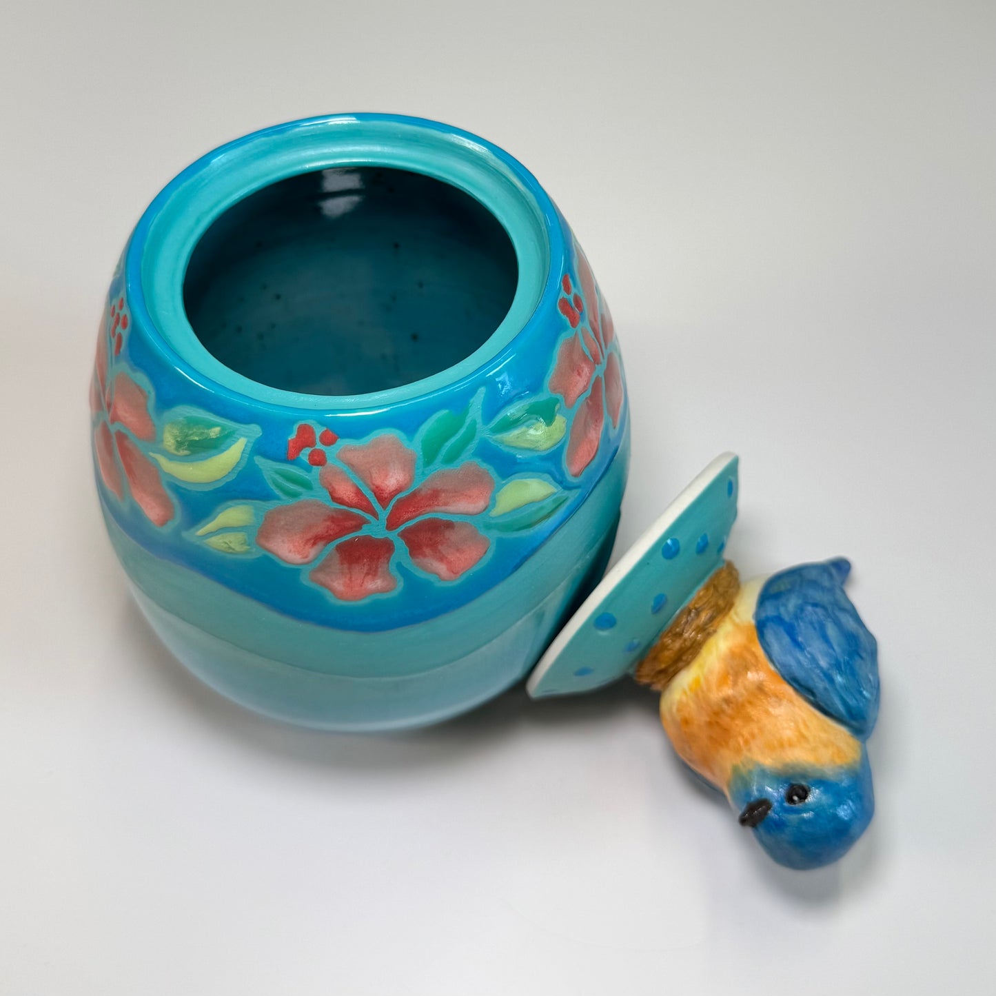 Cuerda Seca Jar with sculpted bluebird - white stoneware