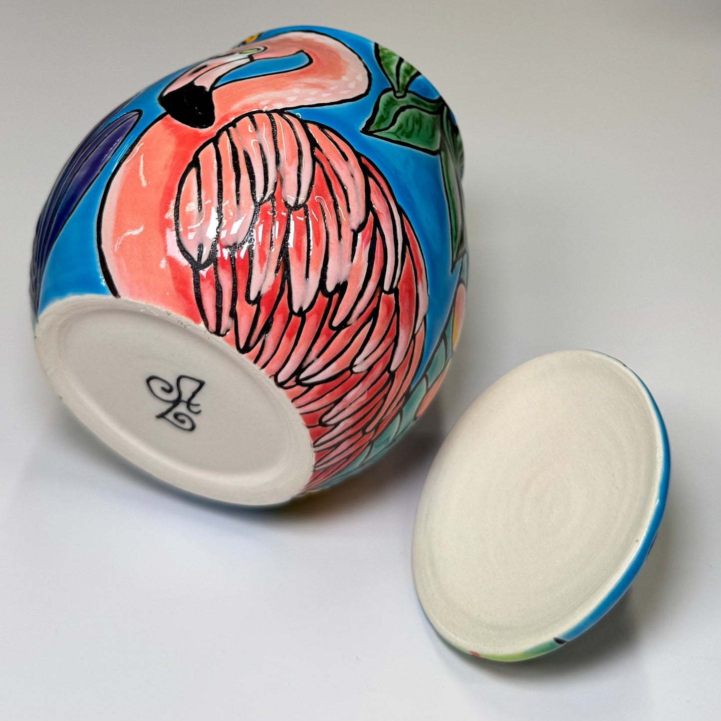 19 Cuerda Seca Tropical Flamingo Jar - Stoneware