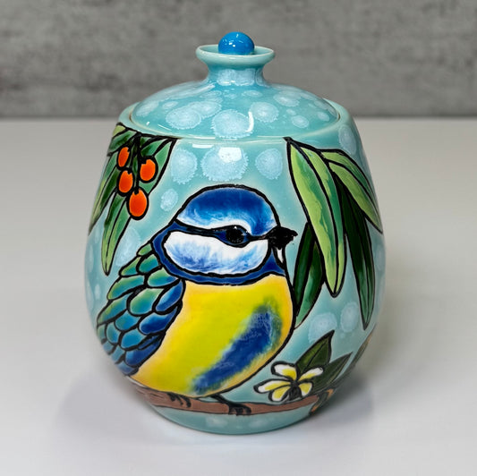 12 Cuerda Seca Blue Tit Bird Jar - Stoneware