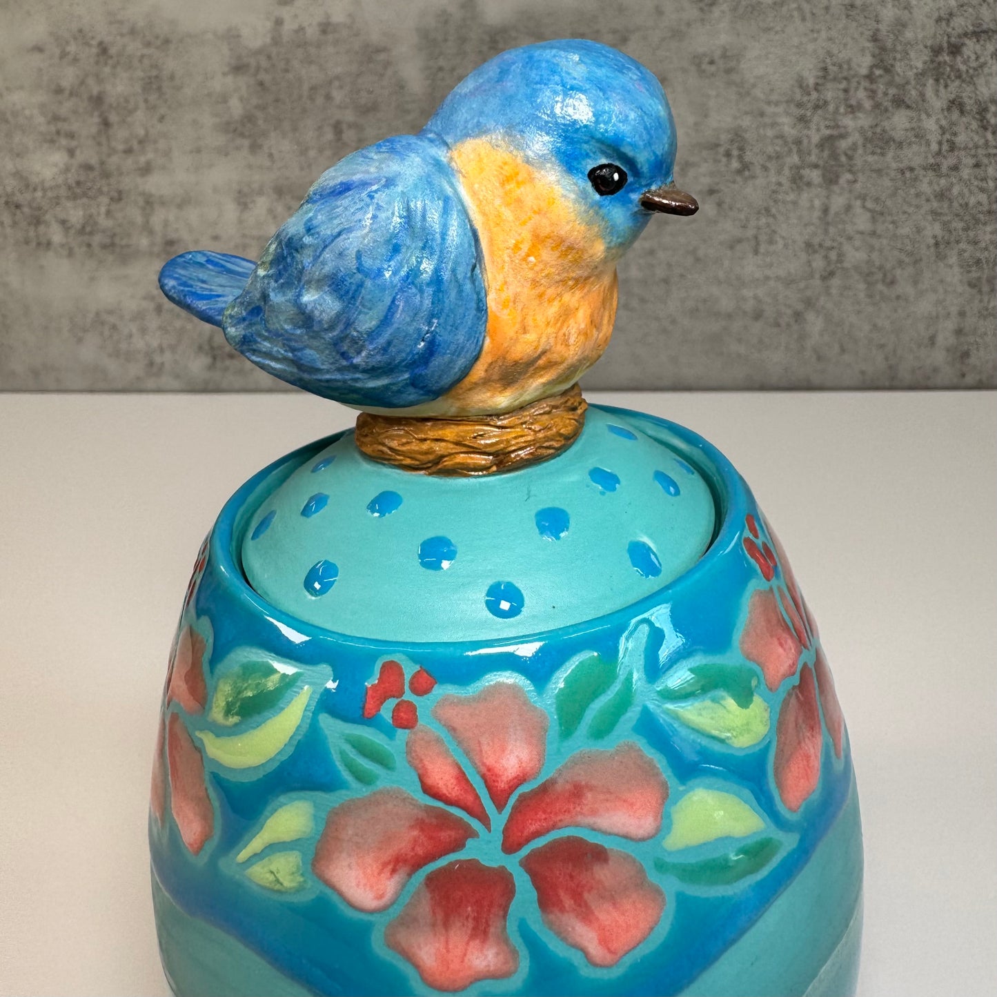 Cuerda Seca Jar with sculpted bluebird - white stoneware