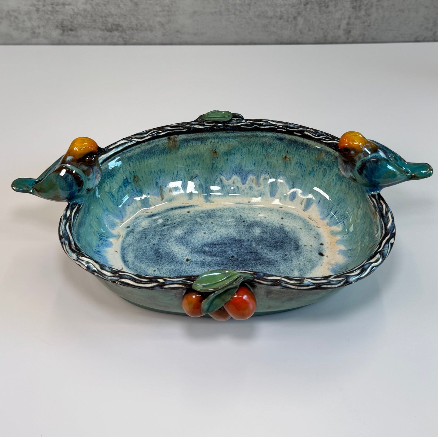04 Sculpted Birds and Fruits Serving Dish - Red clay