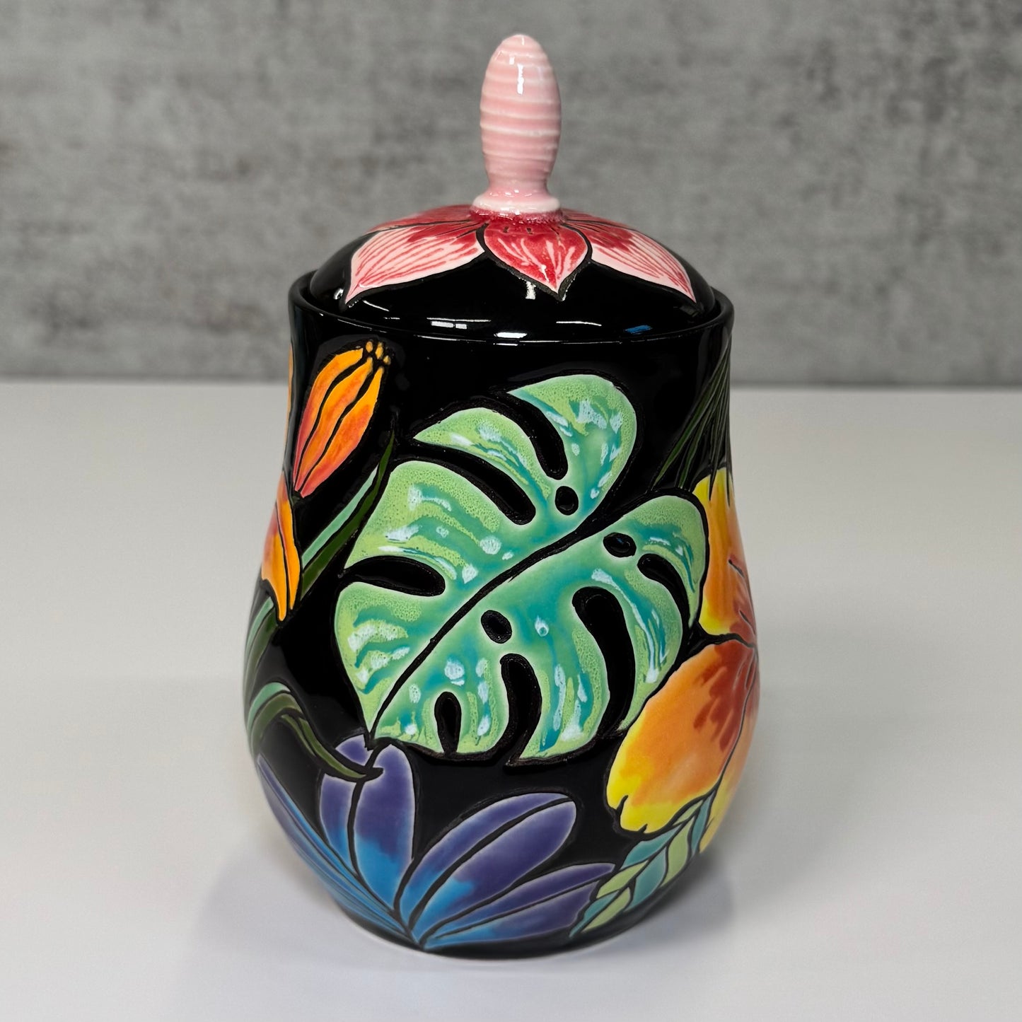 Cuerda Seca Tropical Floral Jar - Stoneware