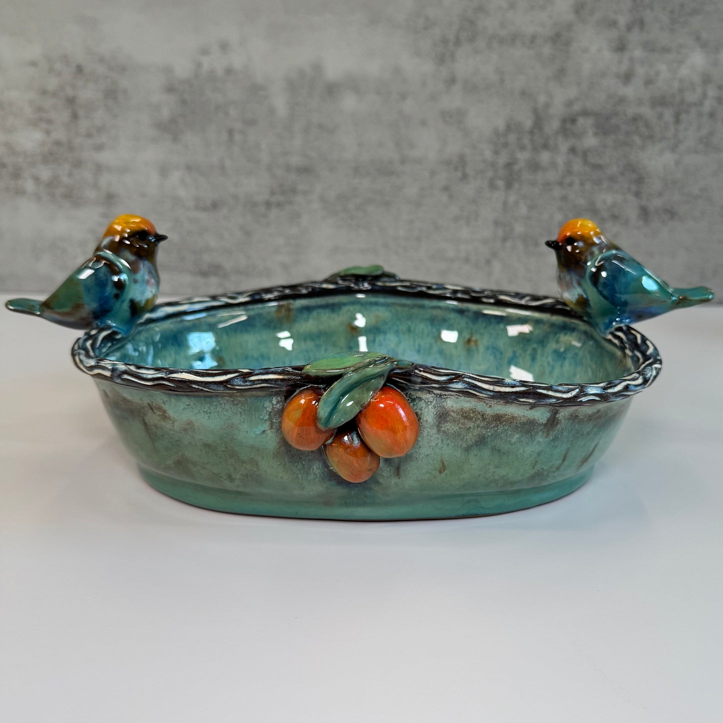 04 Sculpted Birds and Fruits Serving Dish - Red clay