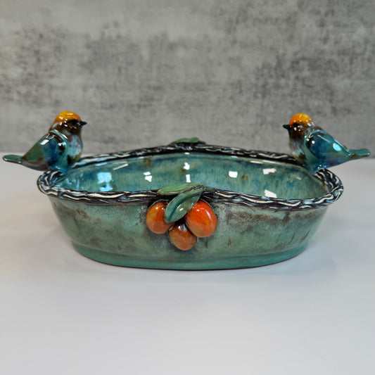 04 Sculpted Birds and Fruits Serving Dish - Red clay