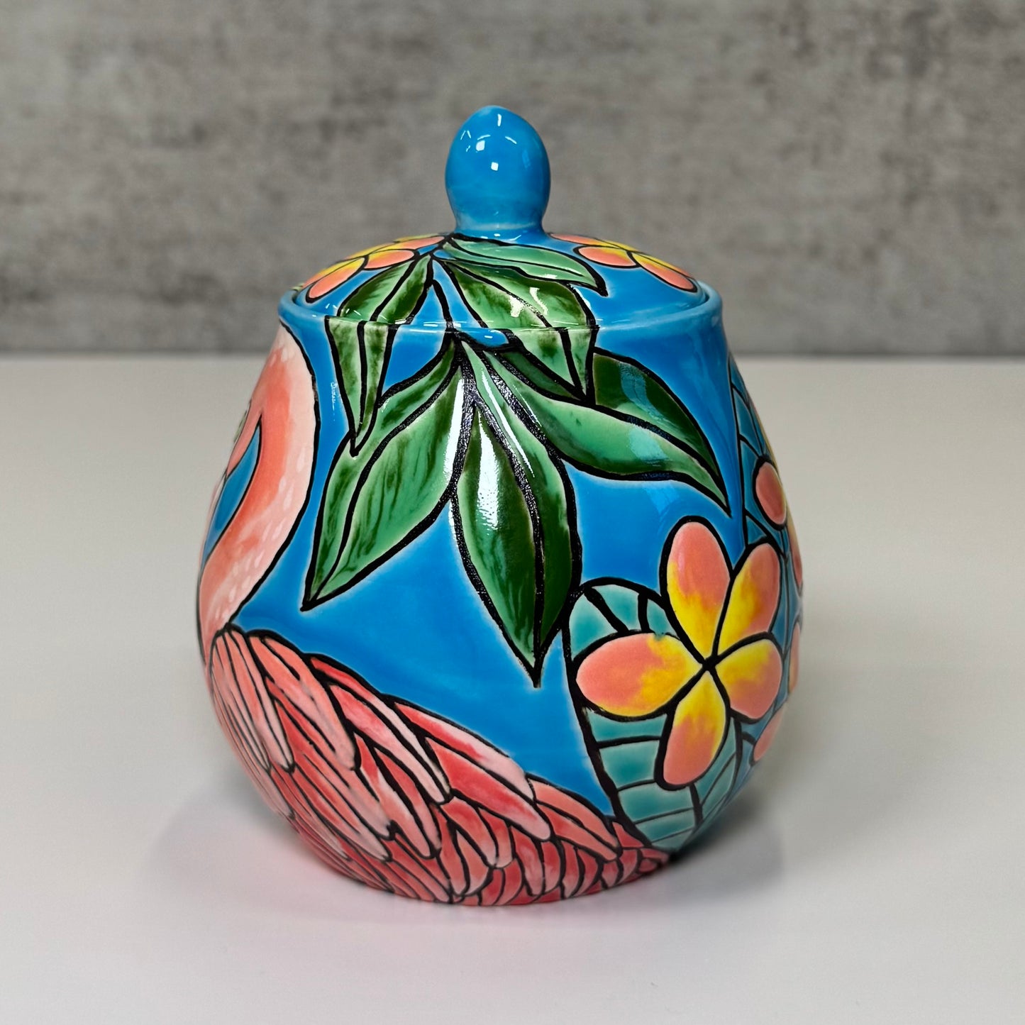 19 Cuerda Seca Tropical Flamingo Jar - Stoneware