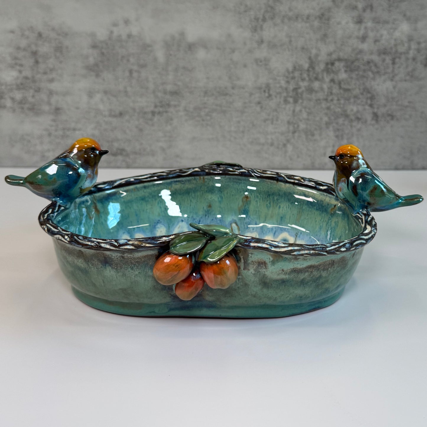 04 Sculpted Birds and Fruits Serving Dish - Red clay