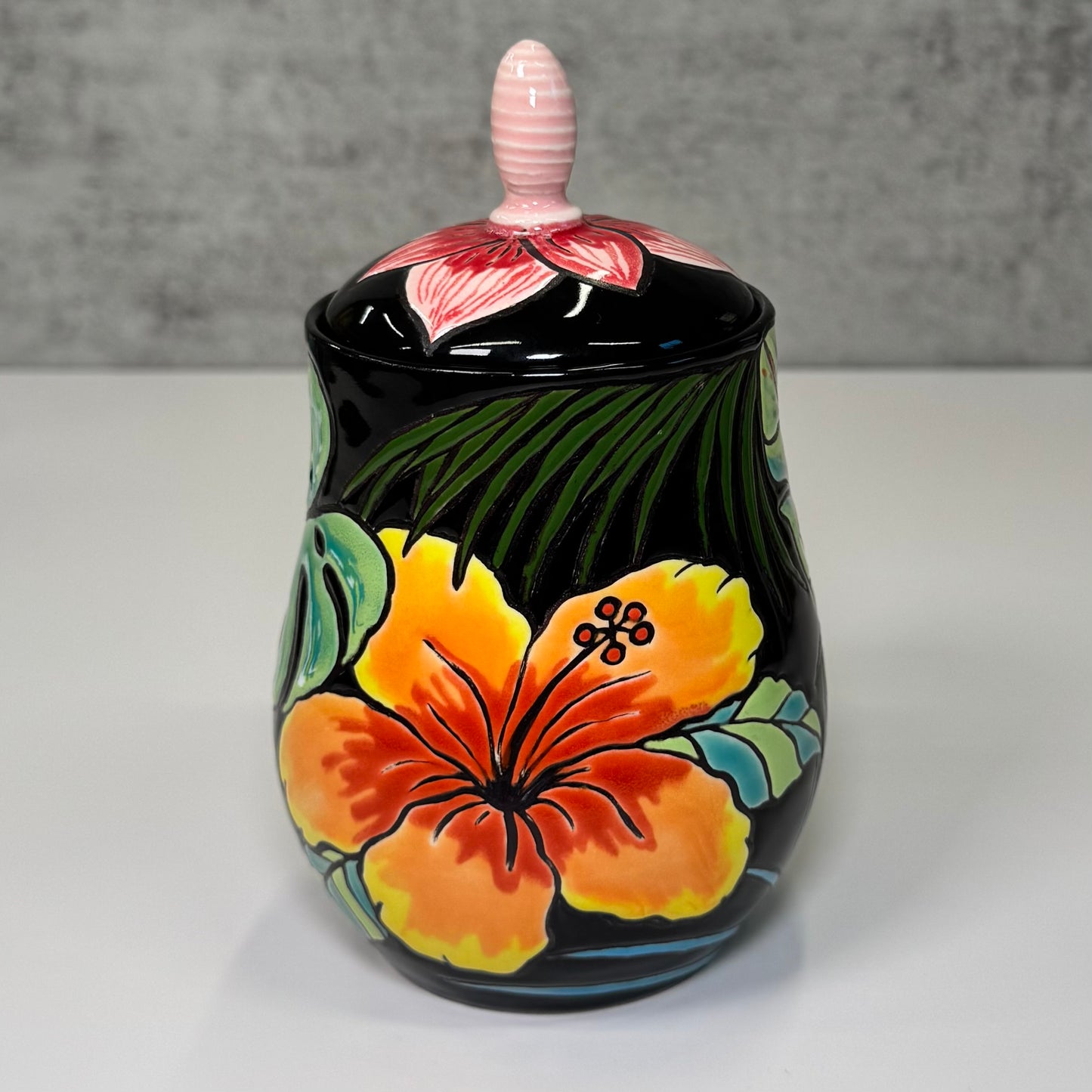 Cuerda Seca Tropical Floral Jar - Stoneware