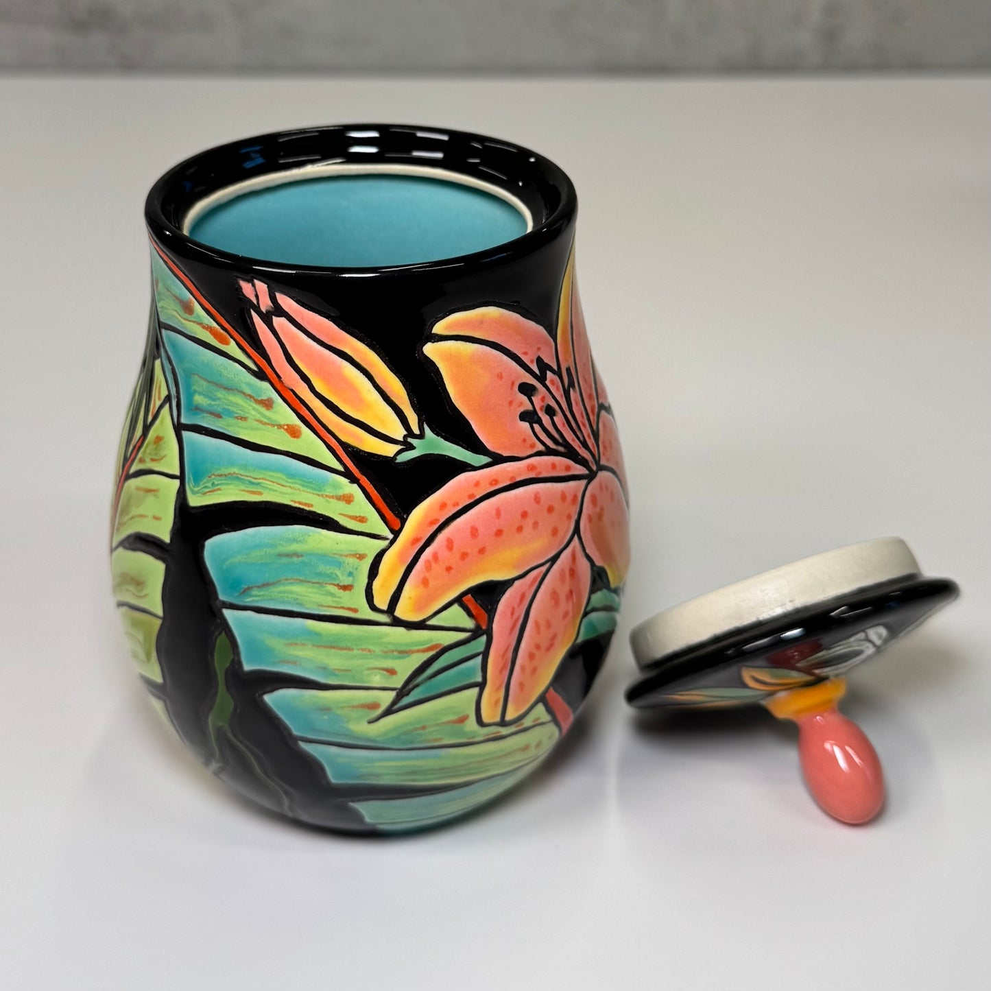Cuerda Seca Tropical Floral Jar - Stoneware
