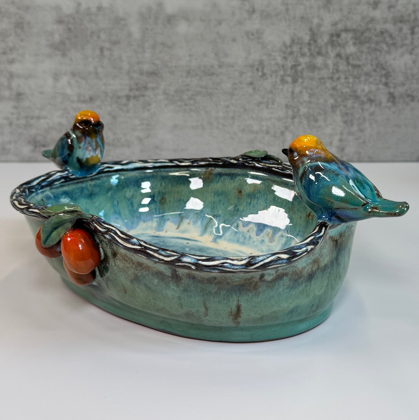 04 Sculpted Birds and Fruits Serving Dish - Red clay