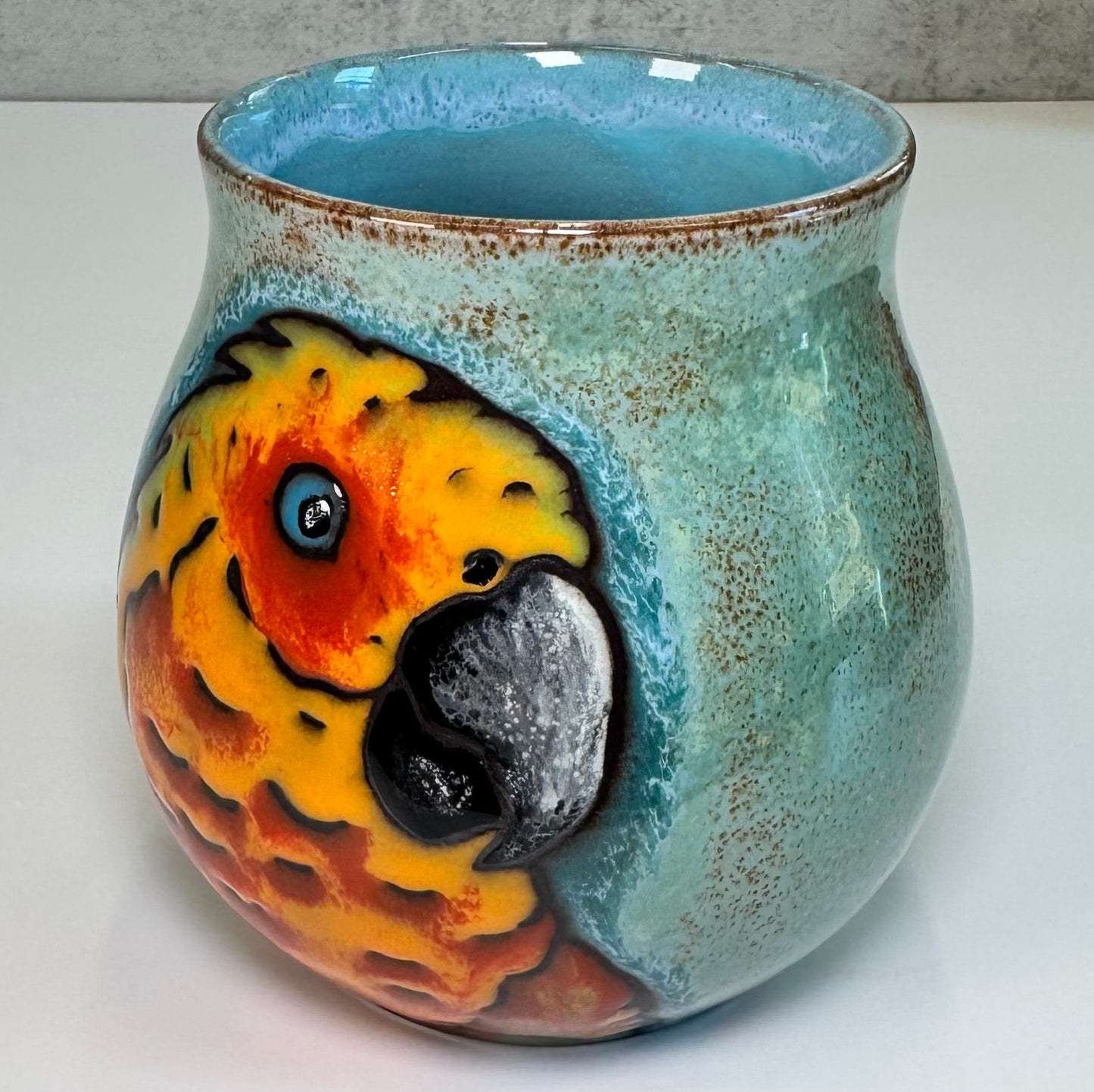 23 Cuerda Seca Parrot Vase- Red Stoneware