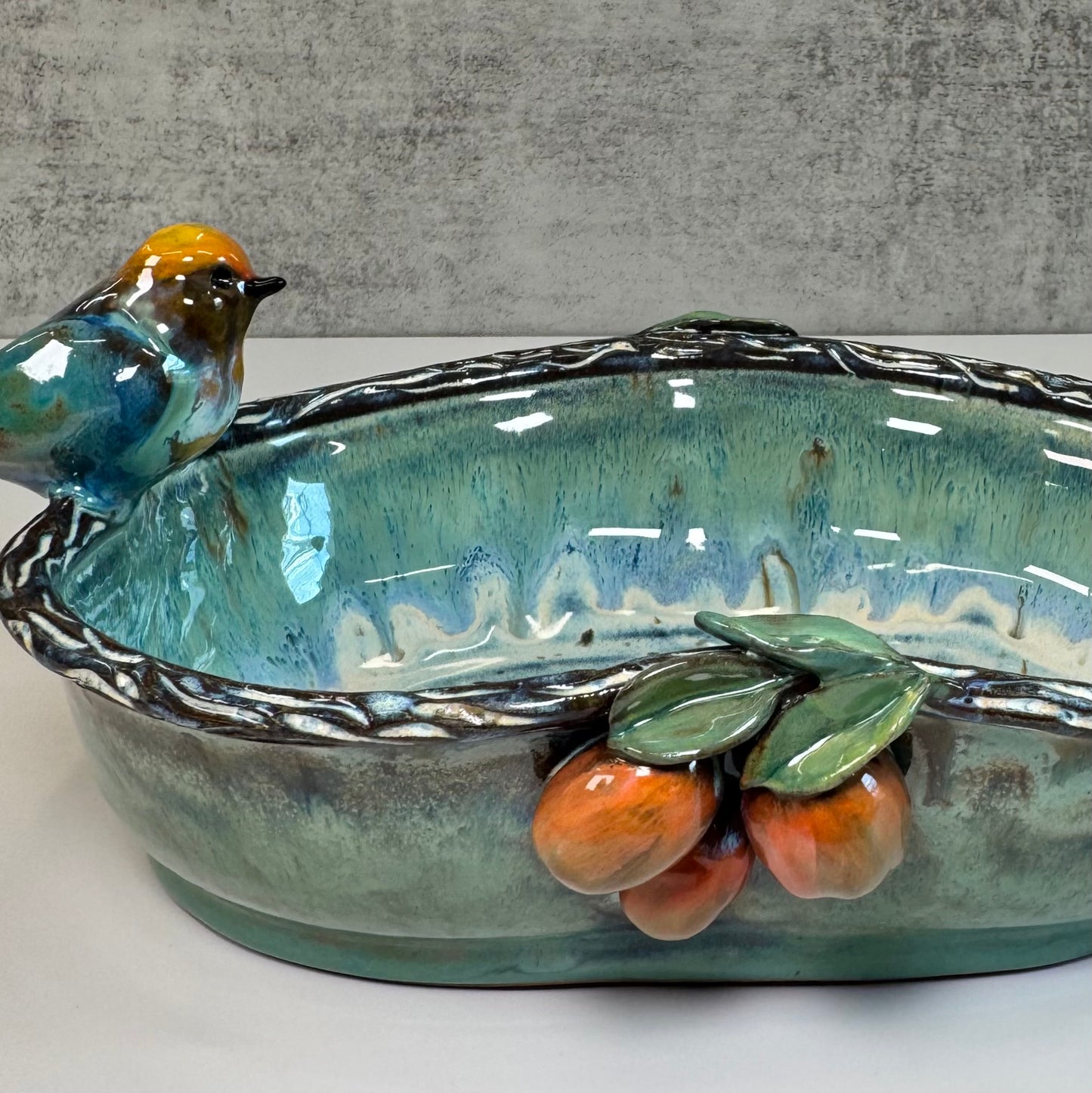04 Sculpted Birds and Fruits Serving Dish - Red clay
