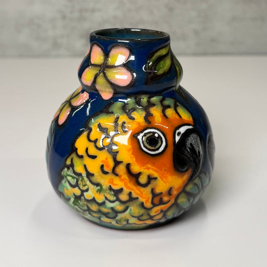 Cuerda Seca Parrot Mini Vase- Red Stoneware