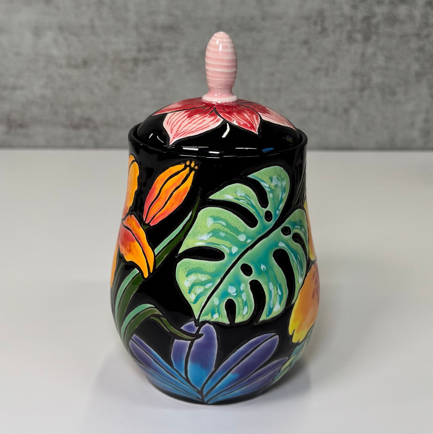 Cuerda Seca Tropical Floral Jar - Stoneware