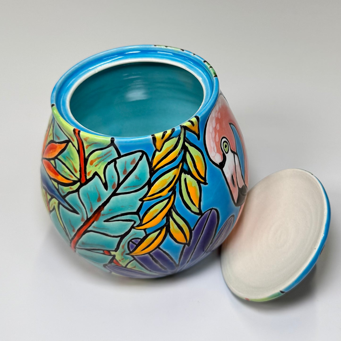 19 Cuerda Seca Tropical Flamingo Jar - Stoneware