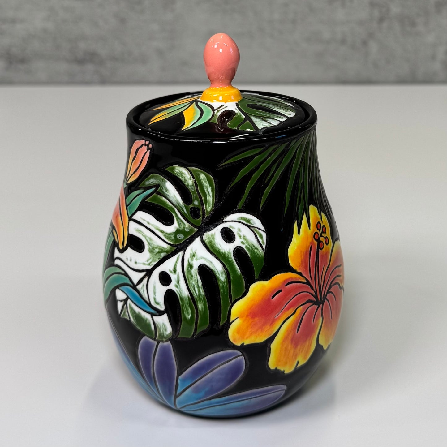 Cuerda Seca Tropical Floral Jar - Stoneware