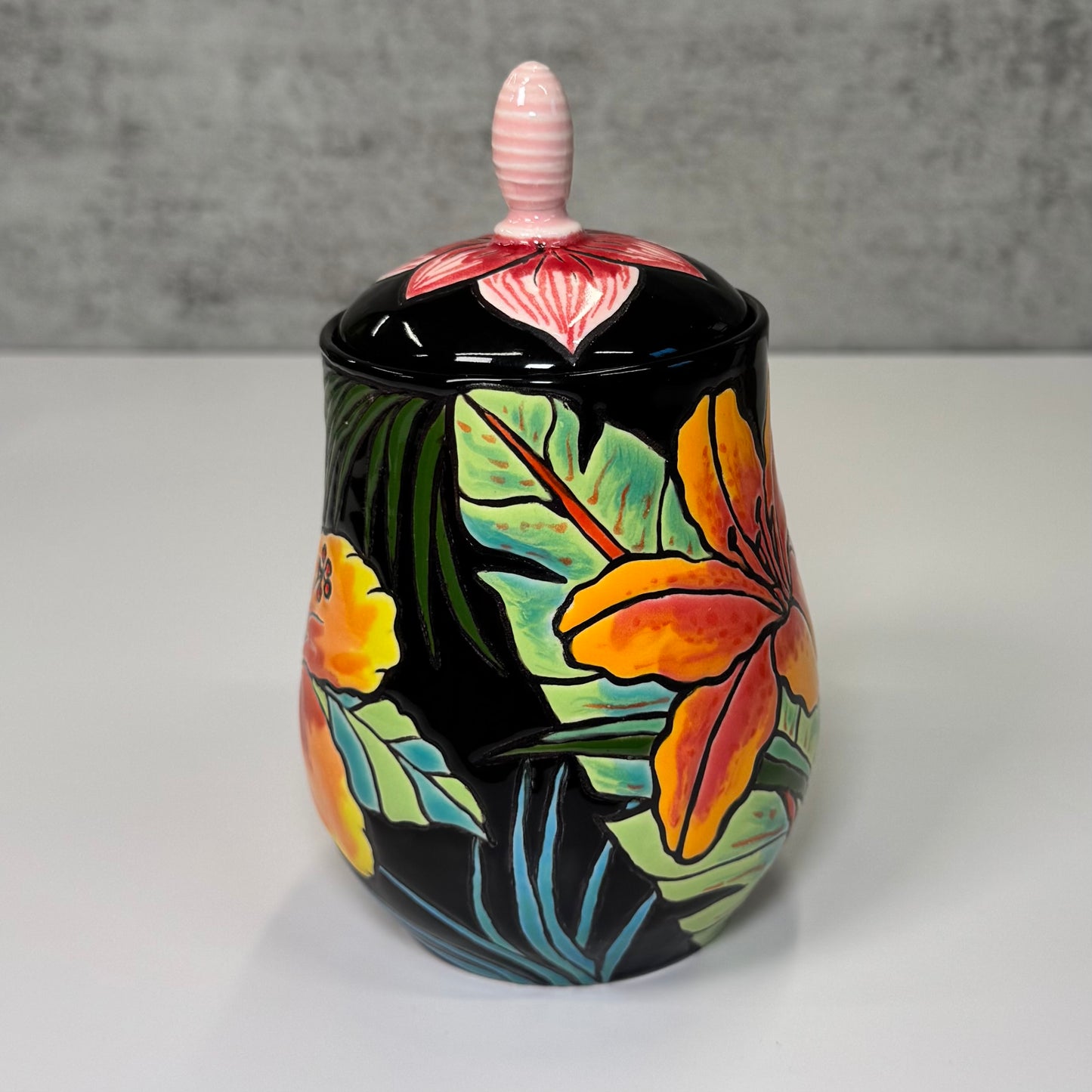 Cuerda Seca Tropical Floral Jar - Stoneware