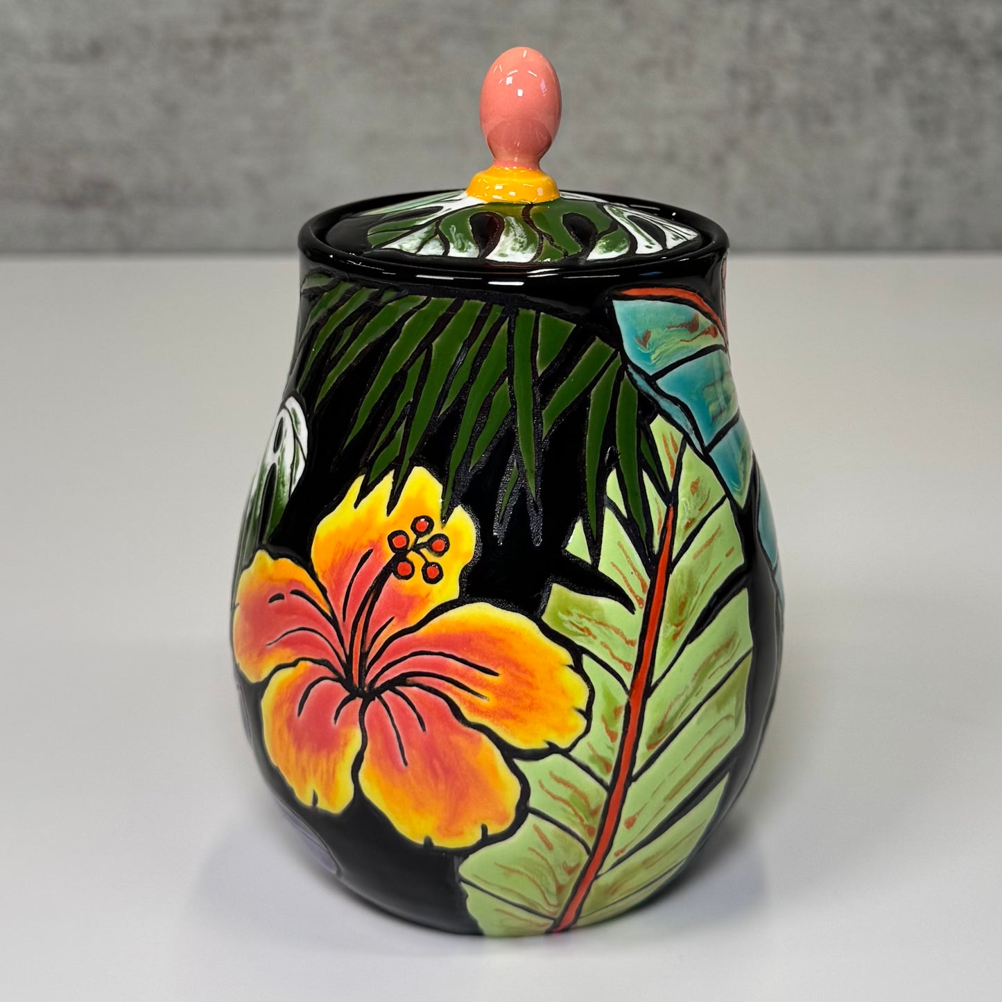 Cuerda Seca Tropical Floral Jar - Stoneware