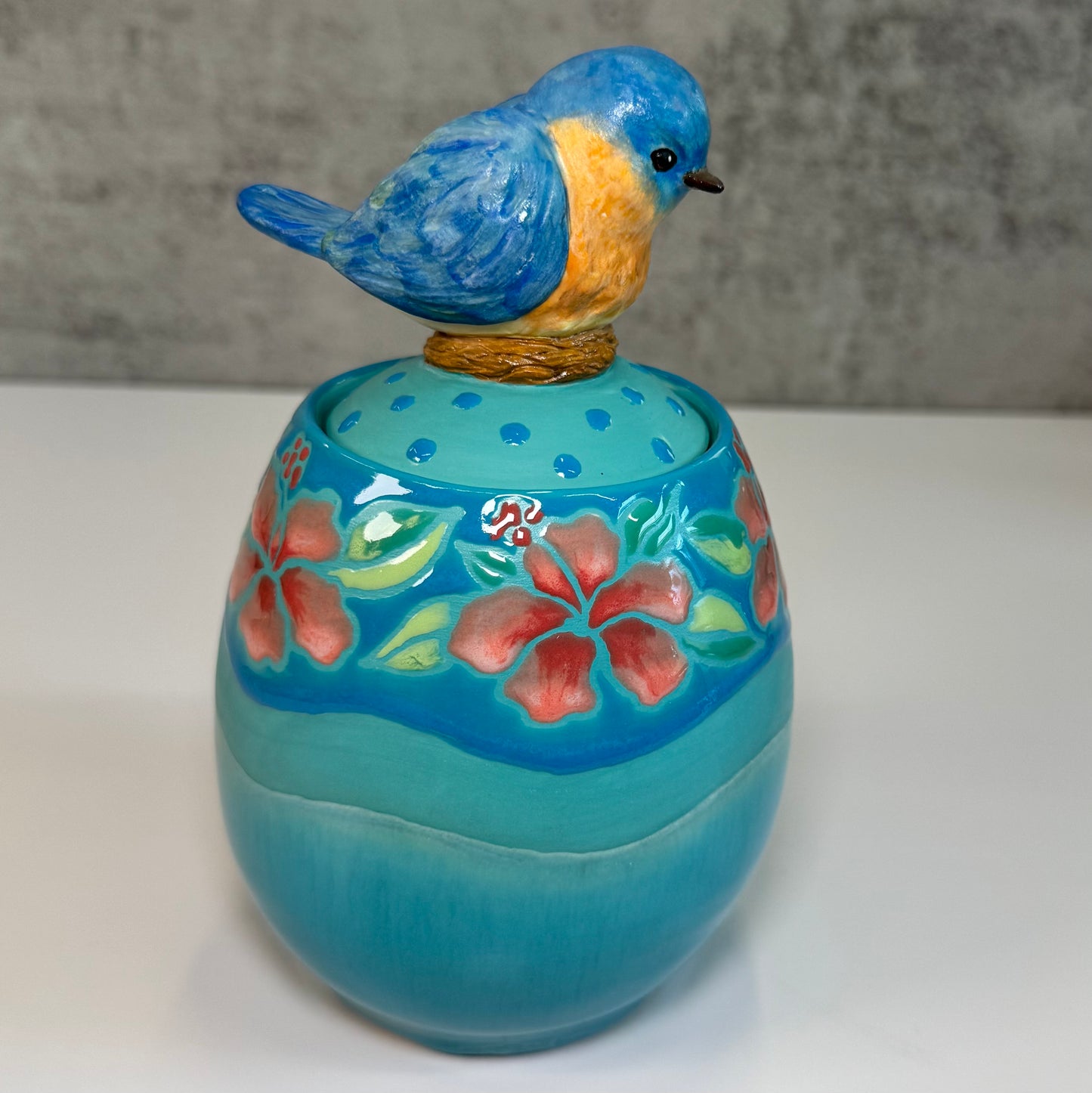 Cuerda Seca Jar with sculpted bluebird - white stoneware