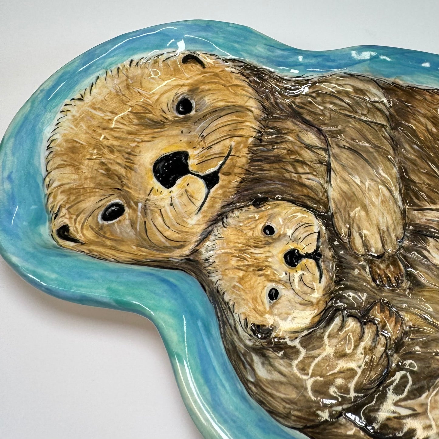 Sea otter mom with pup tray - White Stoneware
