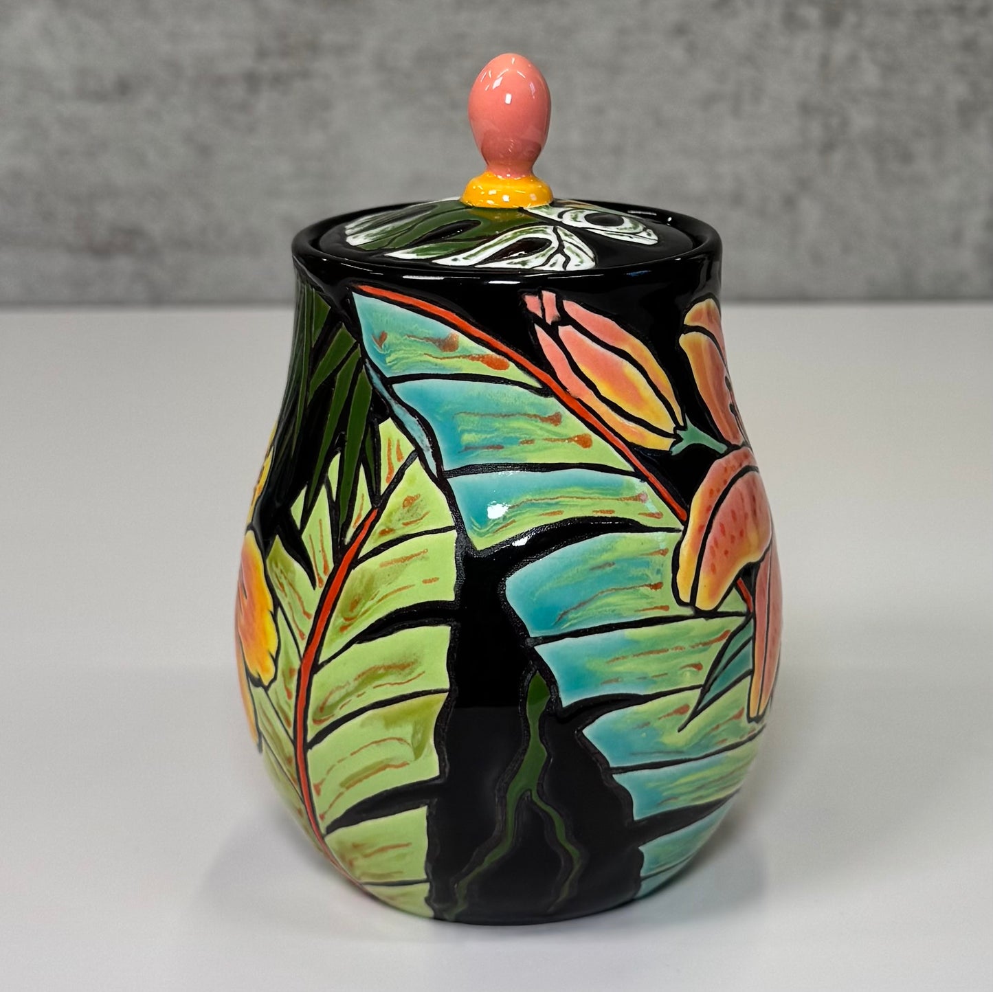 Cuerda Seca Tropical Floral Jar - Stoneware