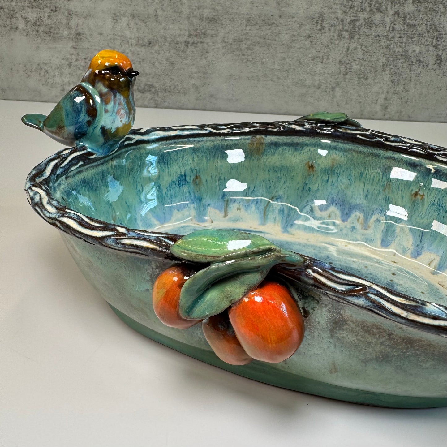 04 Sculpted Birds and Fruits Serving Dish - Red clay
