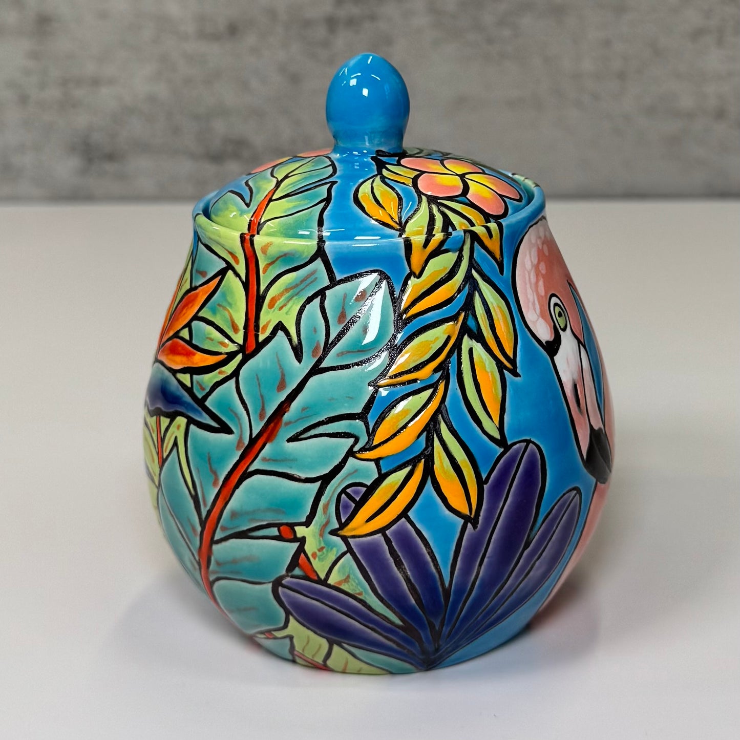 19 Cuerda Seca Tropical Flamingo Jar - Stoneware