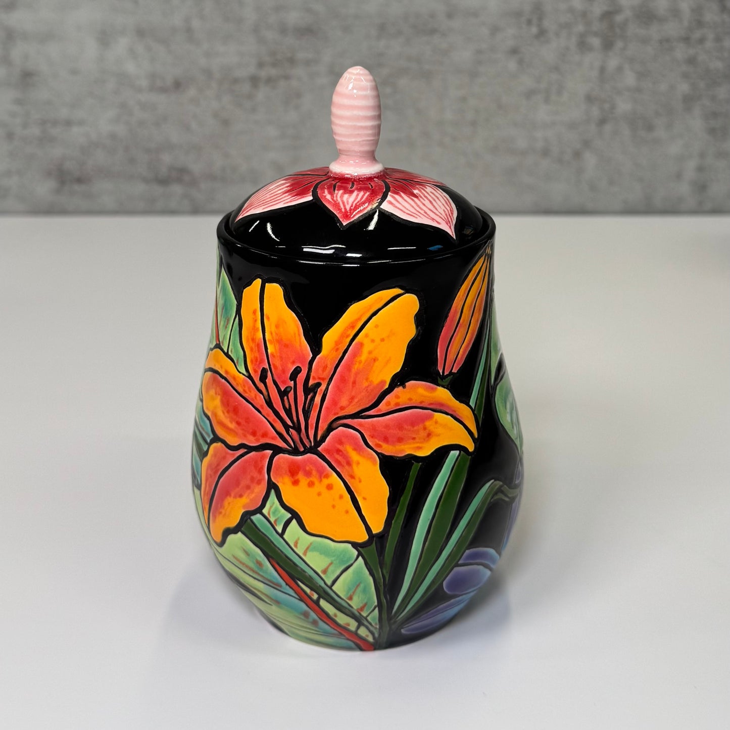 Cuerda Seca Tropical Floral Jar - Stoneware