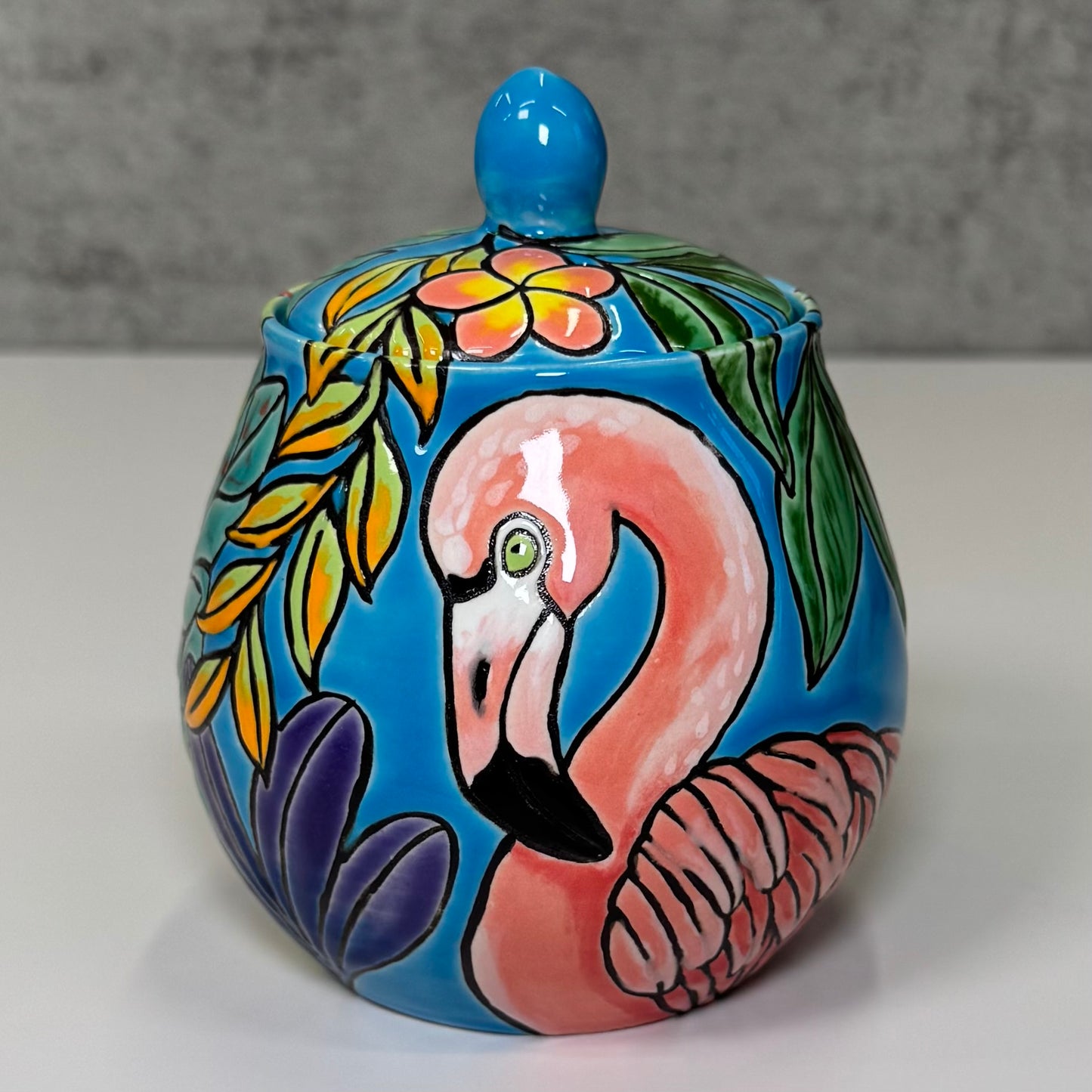 19 Cuerda Seca Tropical Flamingo Jar - Stoneware