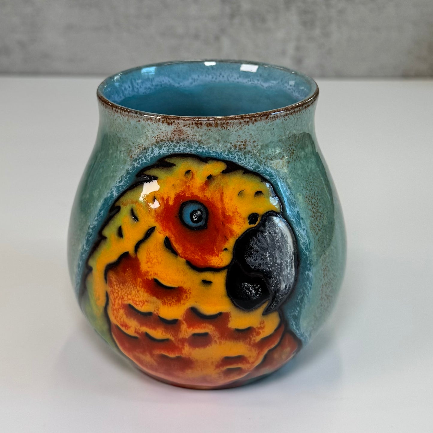 23 Cuerda Seca Parrot Vase- Red Stoneware