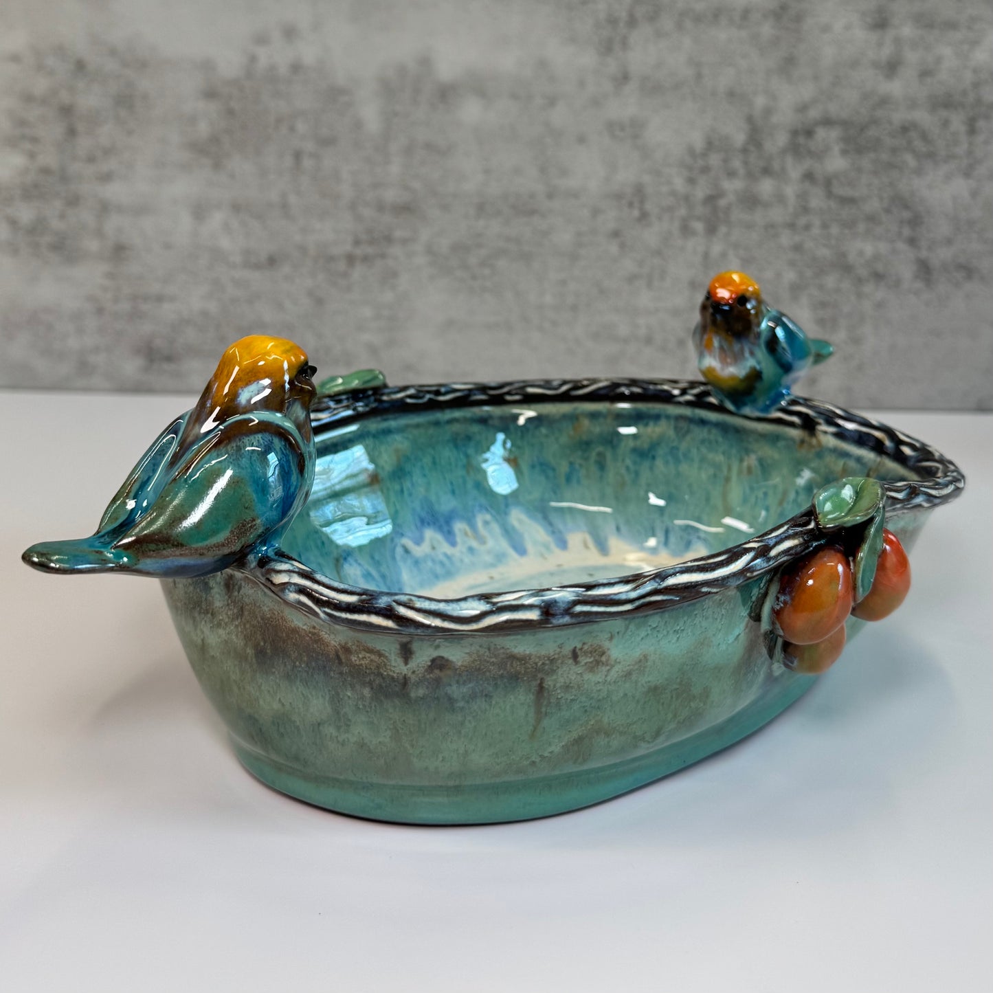 04 Sculpted Birds and Fruits Serving Dish - Red clay