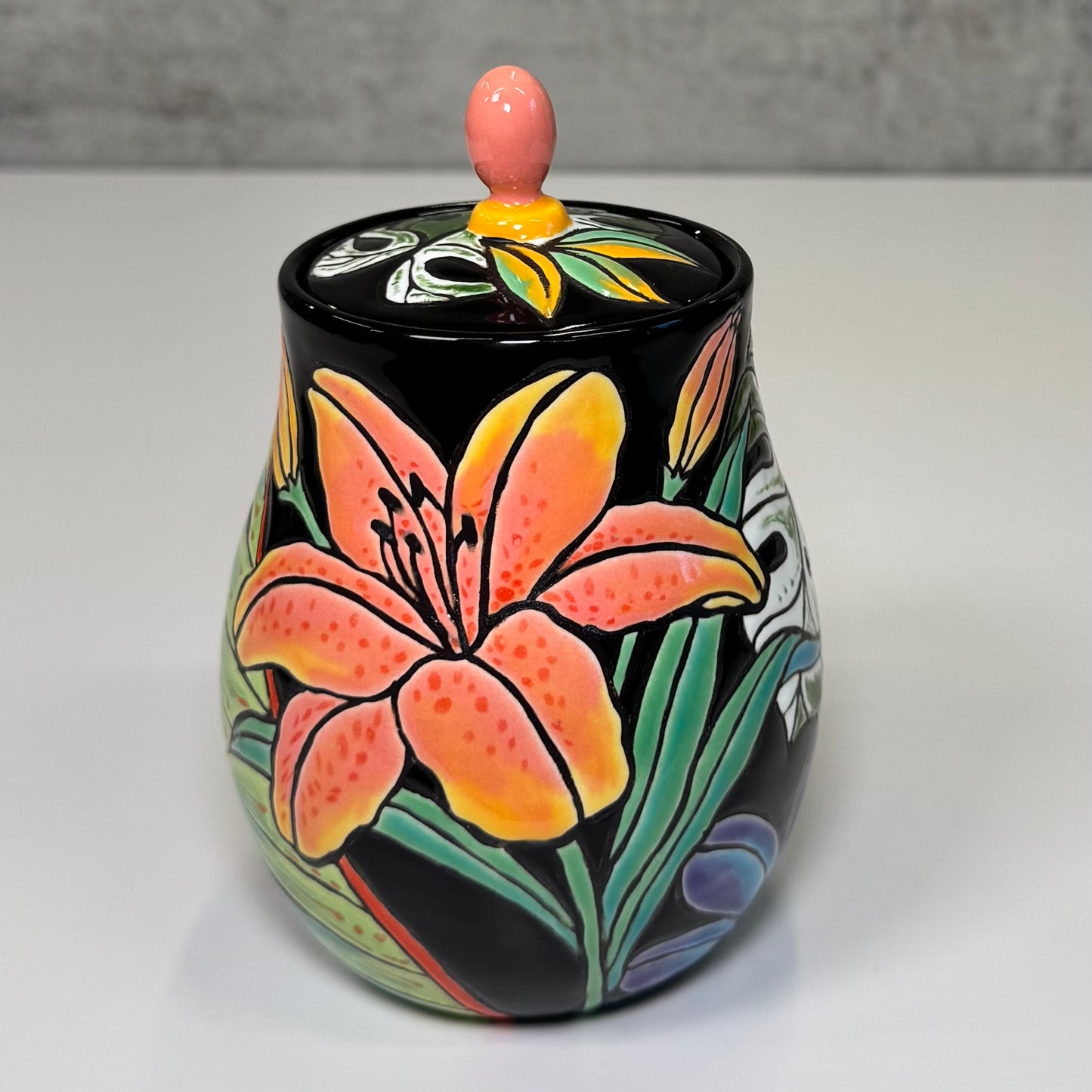 Cuerda Seca Tropical Floral Jar - Stoneware