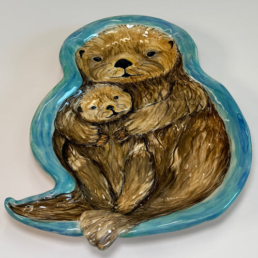 Sea otter mom with pup tray - White Stoneware