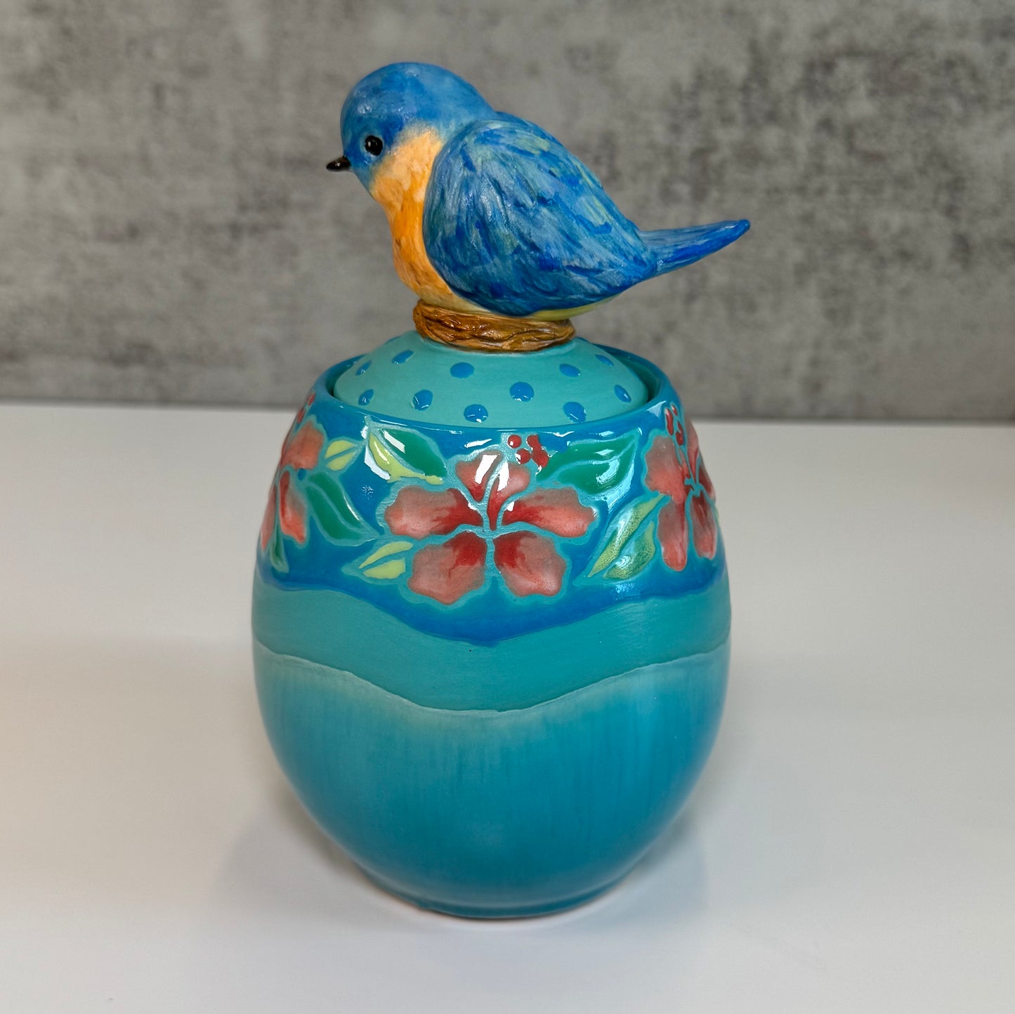 Cuerda Seca Jar with sculpted bluebird - white stoneware